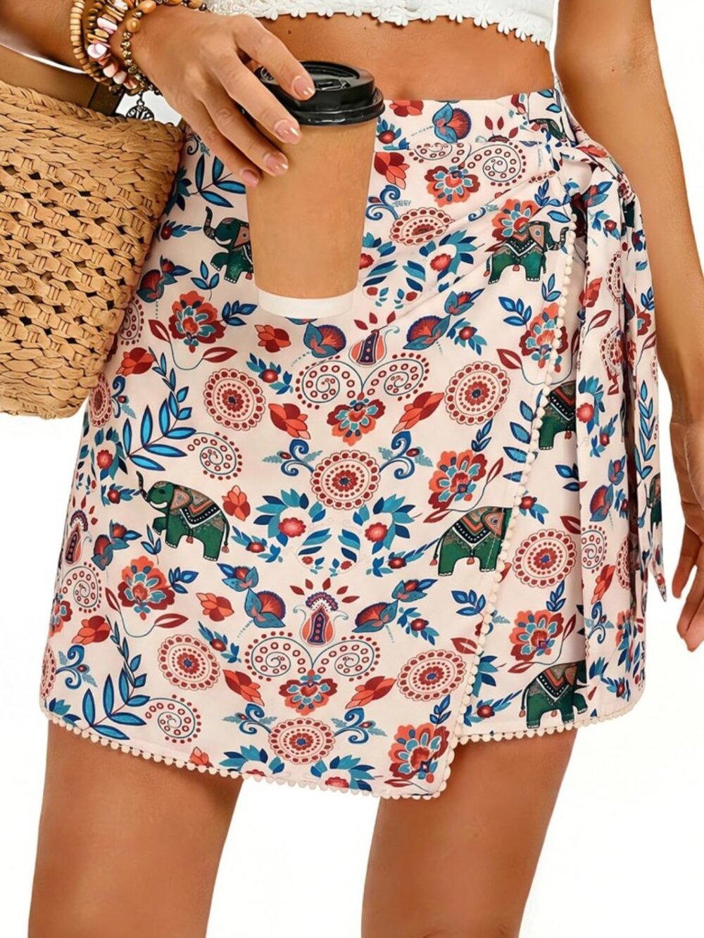 Boho Floral Wrap Mini Skirt - High Waisted, Elastic, Casual Summer Beach Wear